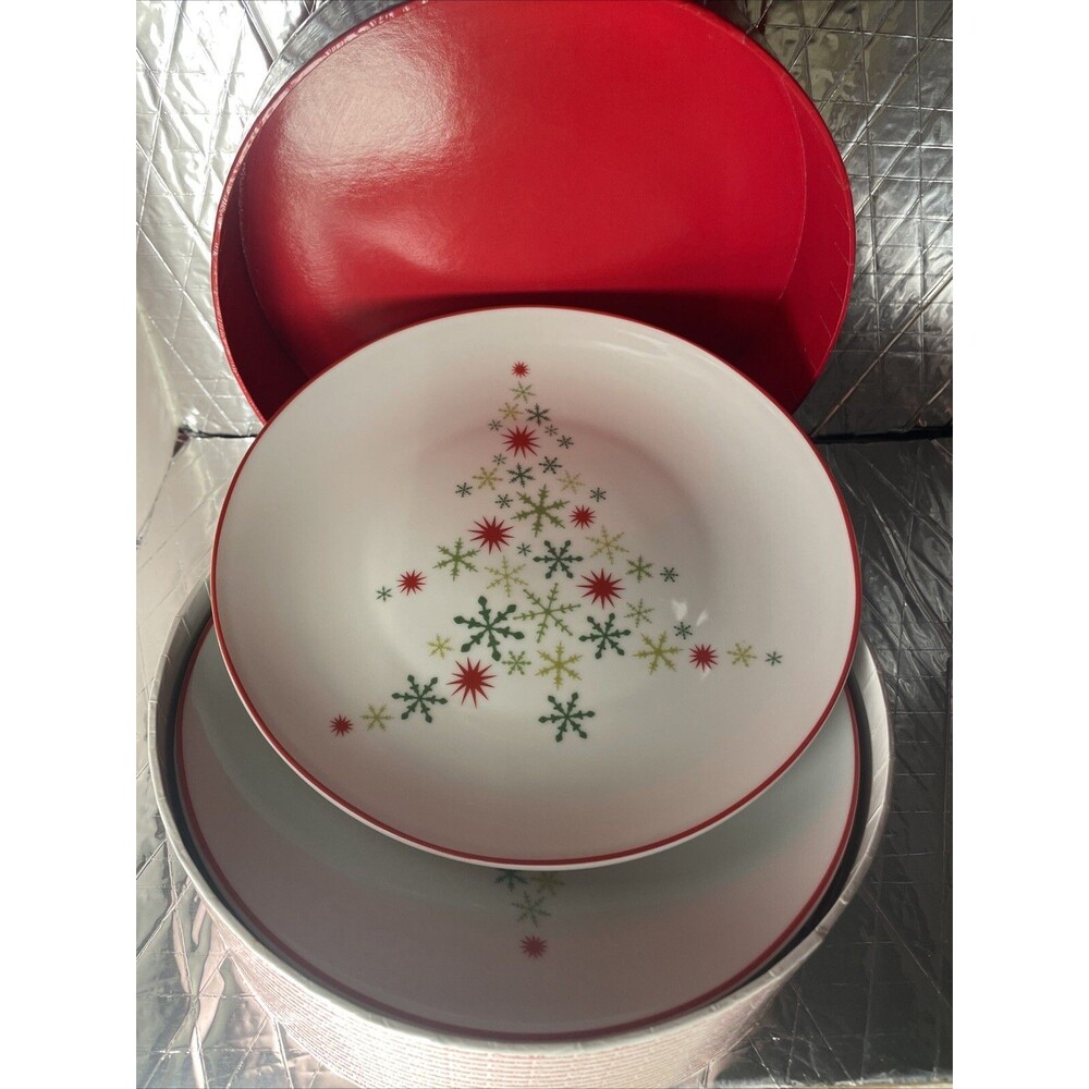 Crate & Barrel Salad Dessert Christmas Snowflake Christmas Tree Plates Set of 4